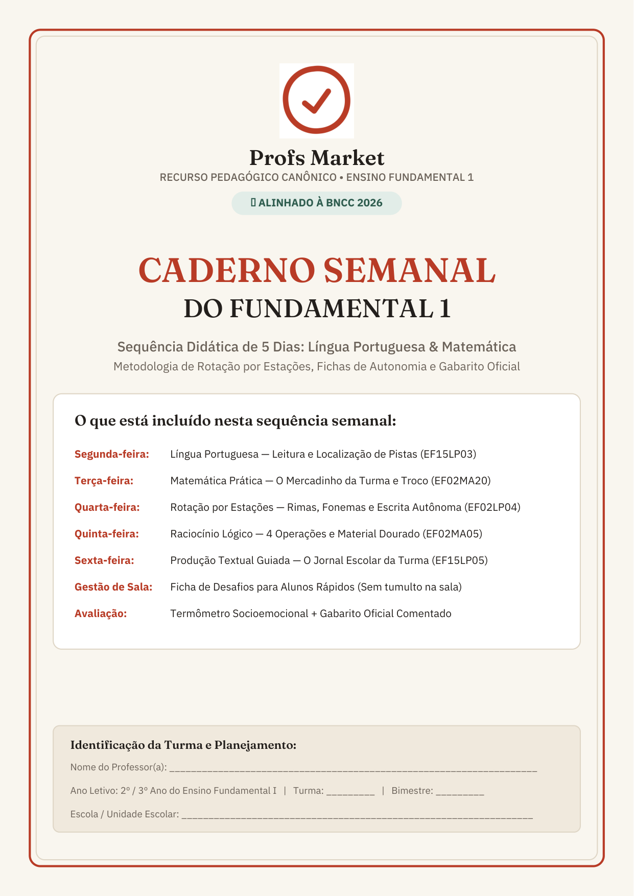 Caderno Semanal do Fundamental 1: Rotação por Estações e Leitura Autônoma
